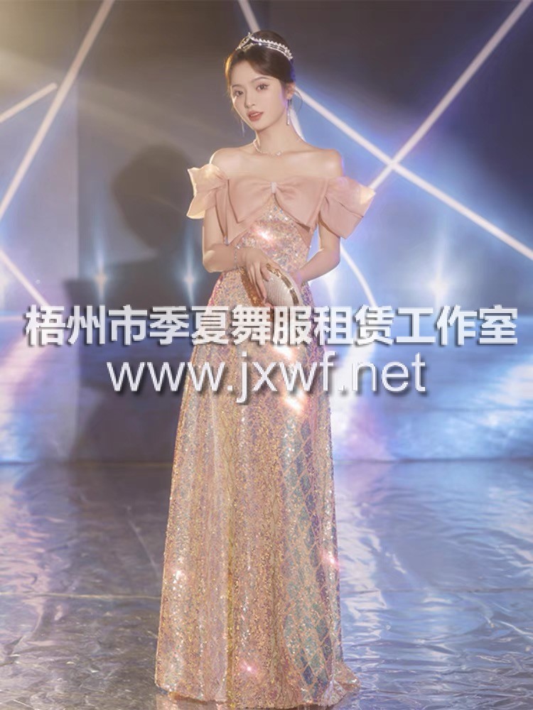 L2046一字肩蝴蝶结晚礼服裙女新款高端轻奢小众高级感亮片粉色生日会毕业成人礼主持人晚宴