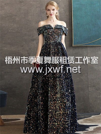 L2033一字肩亮片星空藏蓝色晚礼服裙女新款高贵宴会钢琴艺考艺考小礼服年会晚宴成人礼生日会主持人