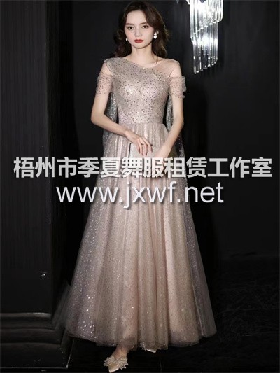 L2012灰粉色斜肩高端宴会仙气质生日会伴娘服主持人高级质感礼服裙女成人礼晚宴